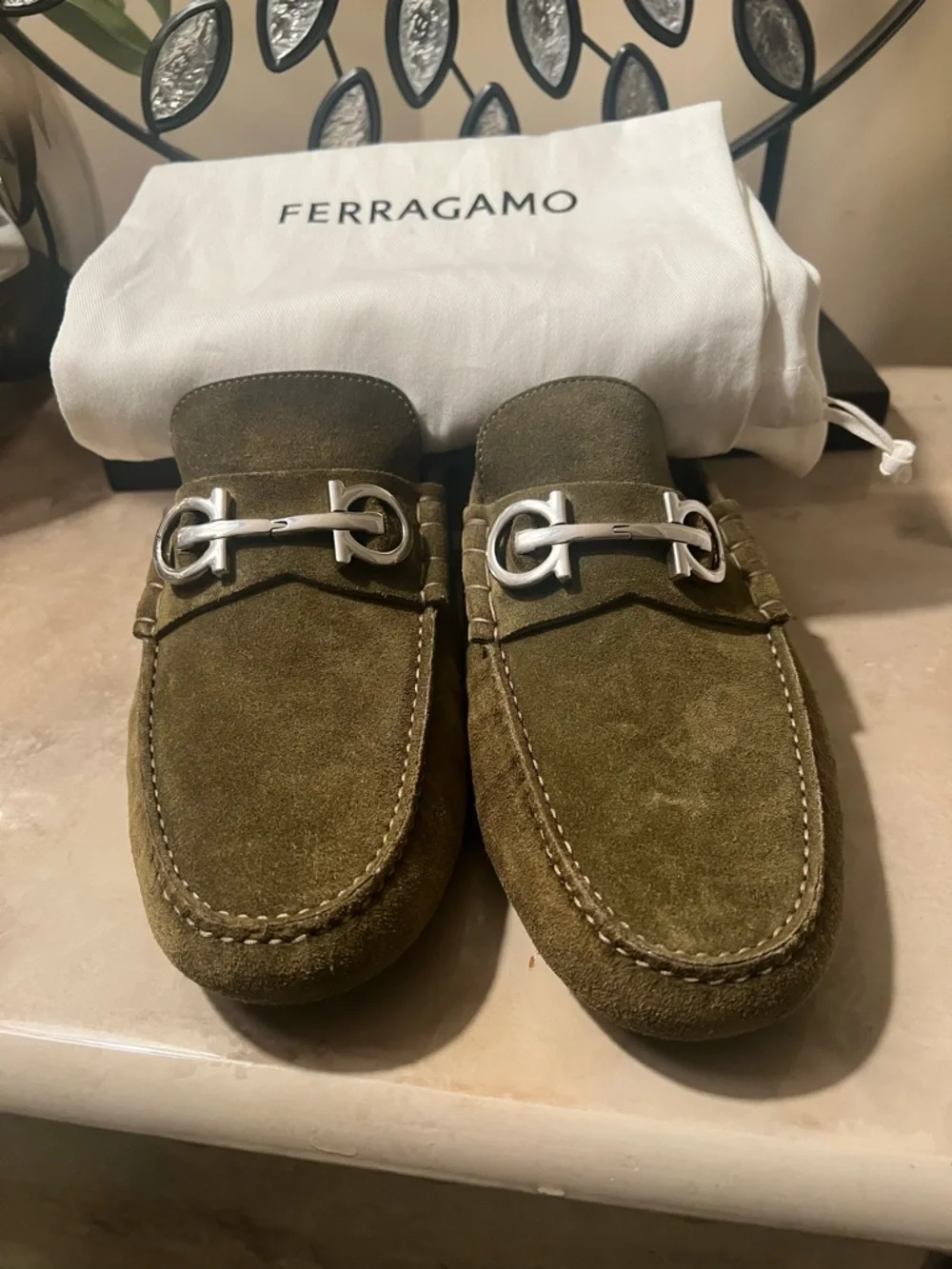 Salvatore Ferragamo Men's Olive Suede Bit Loafers - Elegant Slip-On Style